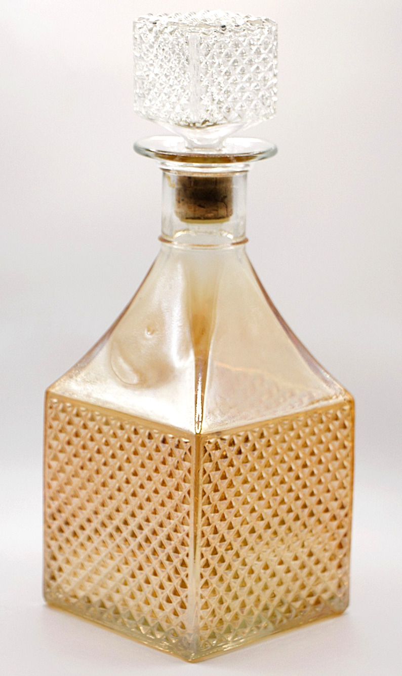 Vntg 60s Hobnail Glass Decanter Marigold Luster Diamond Stopper Retro Barware